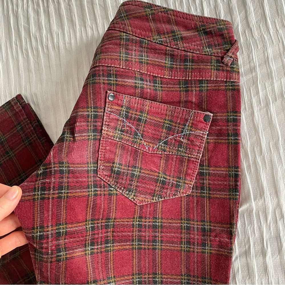 Free People Plaid Burgundy Black Corduroy Low Waist Pants - Picture 8 of 16